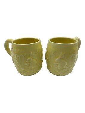 Bordallo Pinheiro Yellow Rabbit and Carrot Mugs Retired Pattern Set of 2 Vintage
